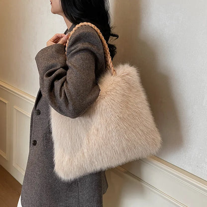 Fashion Women Furry Shoulder Bag Large Capacity Tote Handle Bag for Autumn Winter Outing Commuter Texture Versatile Storage Bags