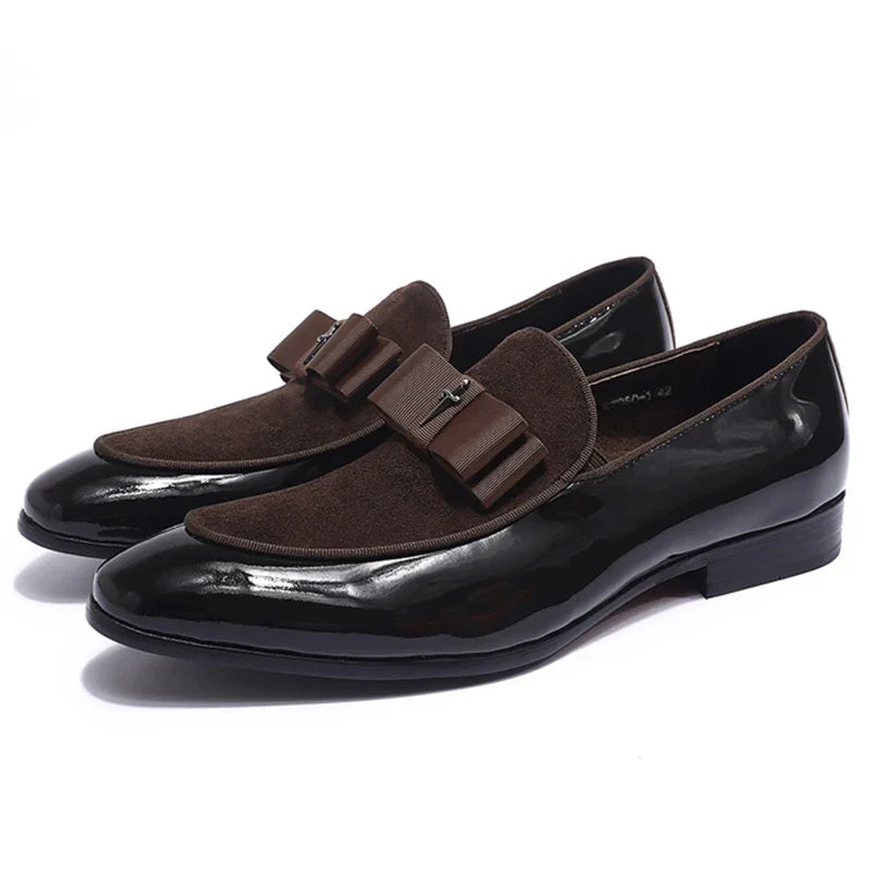 Handmade Men's Genuine Leather Patent Suede Loafers Patchwork Bow Tie Dress Shoes for Wedding Banquet Formal Occasions