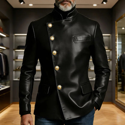 Vintage Men's PU Leather Blazer Slim Fit Double Breasted Stand Collar Jacket Gold Button Business Casual Wedding Prom Suit Coat