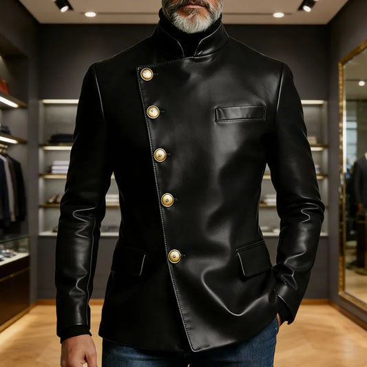 Vintage Men's PU Leather Blazer Slim Fit Double Breasted Stand Collar Jacket Gold Button Business Casual Wedding Prom Suit Coat
