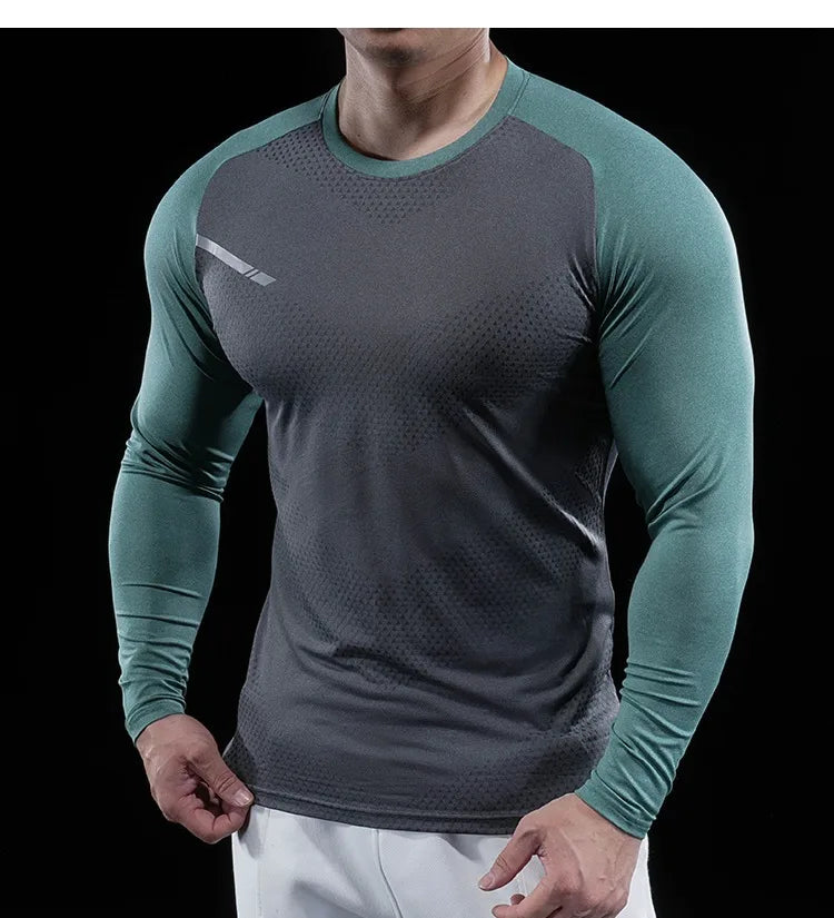 Autumn Winter Men Gym Fitness Display Long Sleeve T-Shirt Crew Neck Elastic Moisture Wicking Tights Running Training Bottom Top