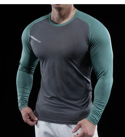 Autumn Winter Men Gym Fitness Display Long Sleeve T-Shirt Crew Neck Elastic Moisture Wicking Tights Running Training Bottom Top