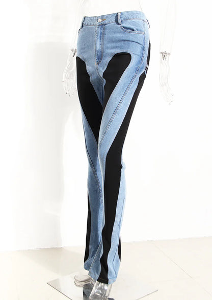 Jeans Women Pencil Pants 2023 Fashion High Waist Contract Color Patchwork Split Long Denim Pants Elastic Skinny Trousers