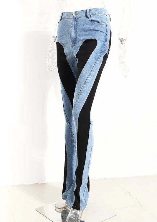 Jeans Women Pencil Pants 2023 Fashion High Waist Contract Color Patchwork Split Long Denim Pants Elastic Skinny Trousers