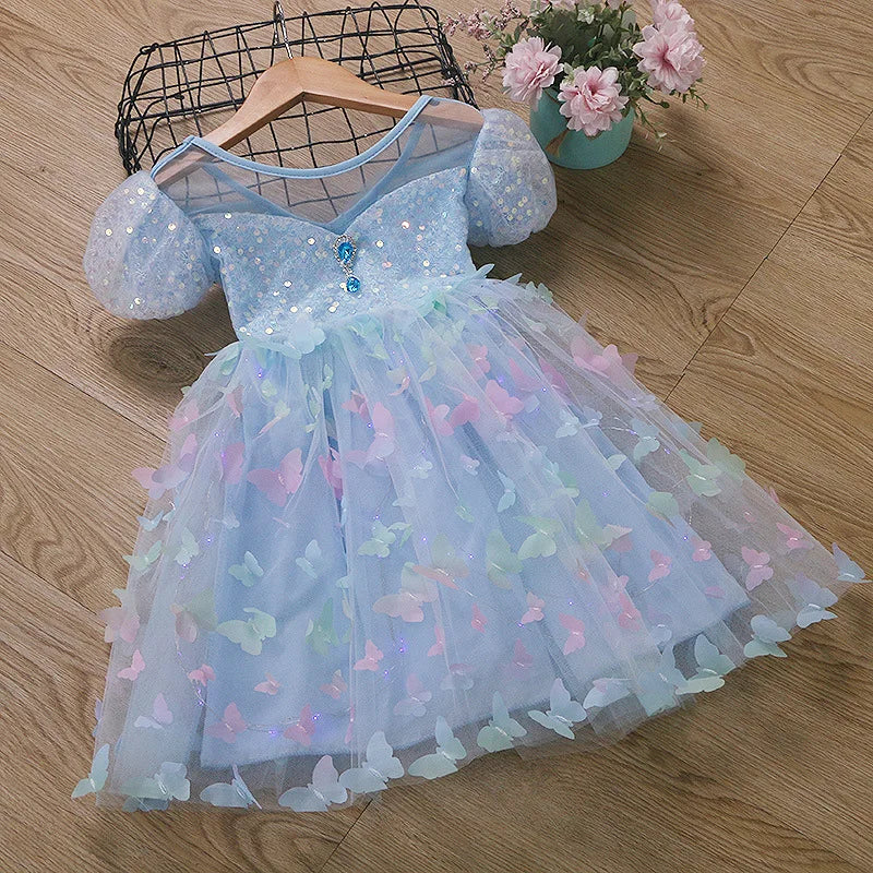 Baby Girls Butterfly Wings Fairy Gauze Princess Puff Sleeve Dress Lovely Kids Summer Tulle Dress Child Birthday Party Gown Dress