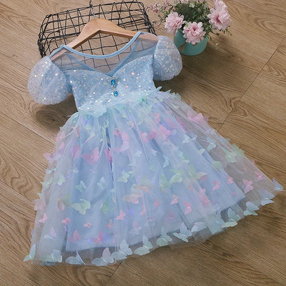 Baby Girls Butterfly Wings Fairy Gauze Princess Puff Sleeve Dress Lovely Kids Summer Tulle Dress Child Birthday Party Gown Dress
