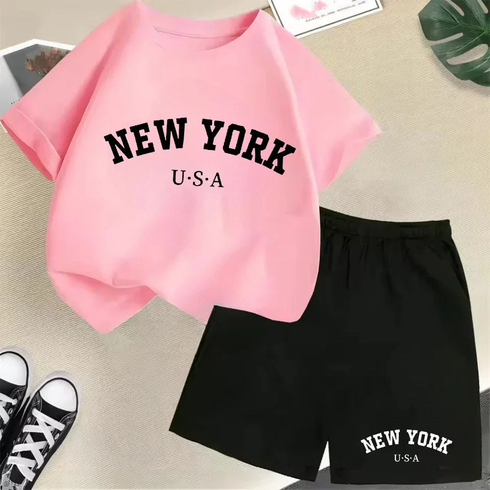 2026 New Kids Boys Girls New York Letter Pattern Cotton T-shirt+Shorts 2-Piece Set Casual Daily