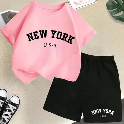 2026 New Kids Boys Girls New York Letter Pattern Cotton T-shirt+Shorts 2-Piece Set Casual Daily