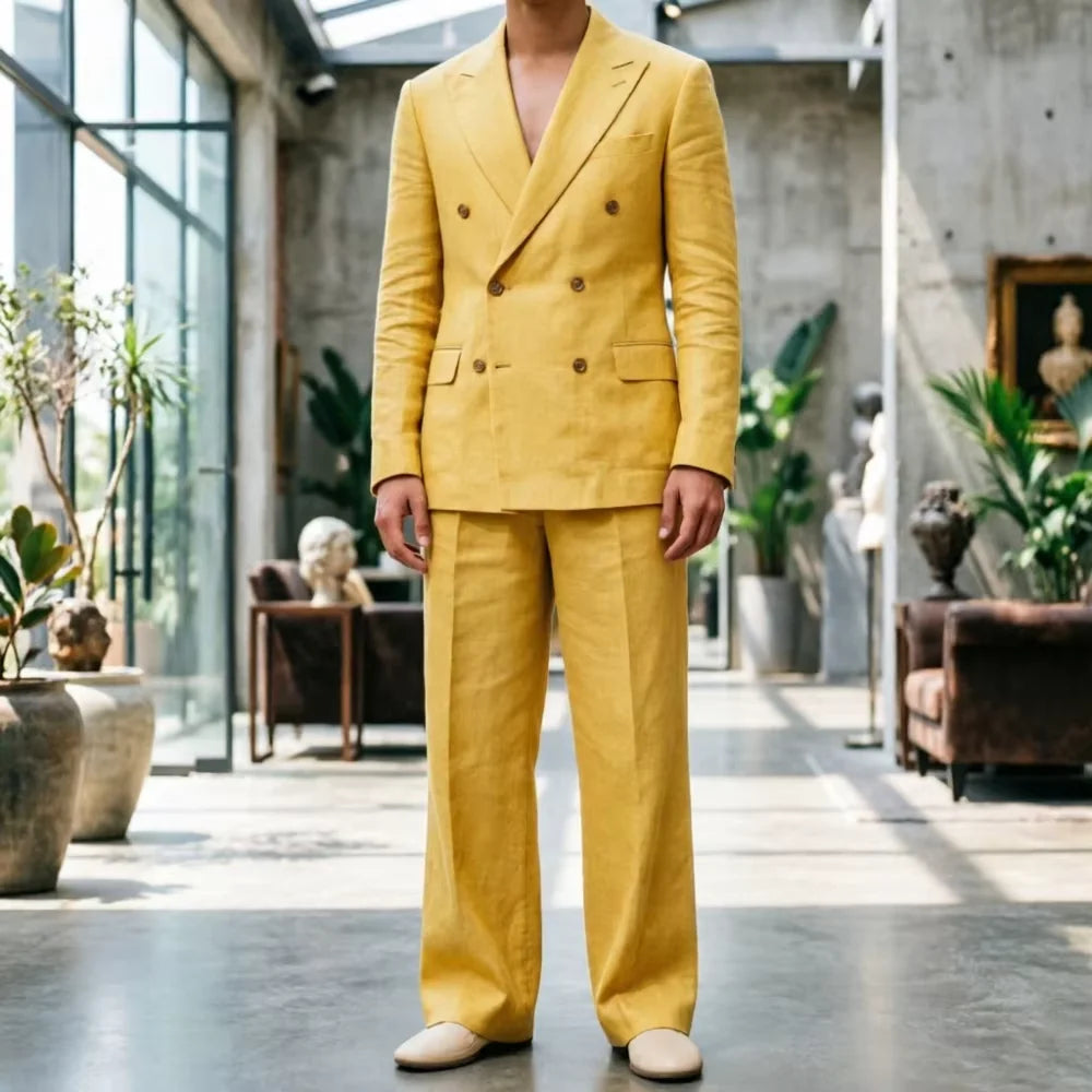 Men‘s Sage Green Linen Suit 2 Piece Double Breasted Peak Lapel Blazer Straight Leg Pants Casual Set For summer wedding Groom New
