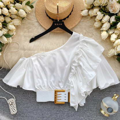 American Chic Blouse for Women Flounced Edge Skew Collar Bare Midriff Belt Skinny Shirts Summer Casual Female Tops Dropshipping