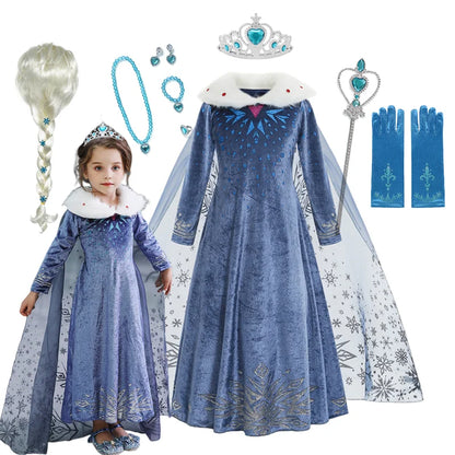 Elsa Dress for Girl Princess Birthday Party Winter Costume Kids Cosplay Frozen Evening Long Sleeve Clothes Snow Queen