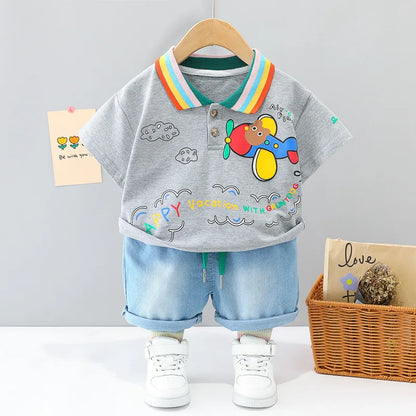 New Summer Suits for Baby Cartoon Print Kids Short Sleeve Letter Polo Shirts +denim Shorts Toddler Boy Casual Clothing Outfits