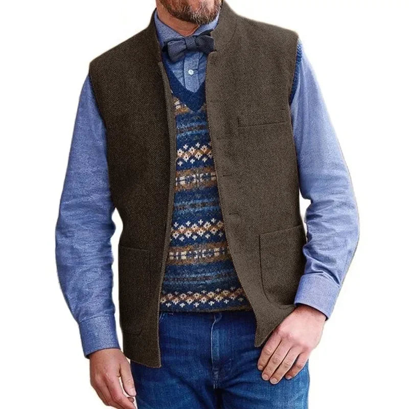 Men Vest Brown Herringbone Single Button Stand Collar Waistcoat For Wedding Business Banquet Work Daily Casual Men Suit Vest