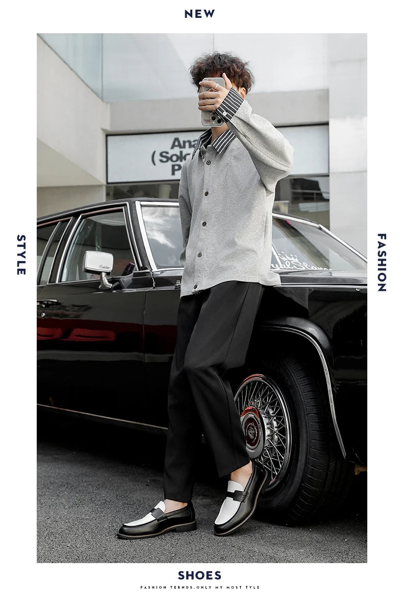 Luxury Brand Loafers Men's Black and White Color Leather Shoes Slip-on Fashion Soft-soled Casual Shoes Party Wedding Moccasin