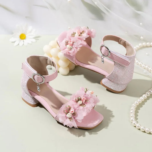 2026 Summer Kids Elegant Sandals New Sequins Girls Catwalk Shoes for Wedding Party Fashion Flower Children's Princess High Heels