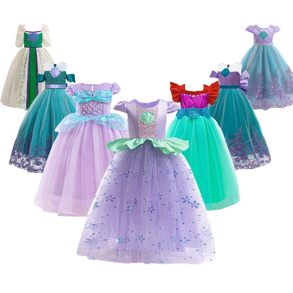 Little Mermaid Ariel Princess Costumes Young Girls Purple Dress Kids Cosplay Carnival Gown Birthday Tutu Dresses Summer New Wear