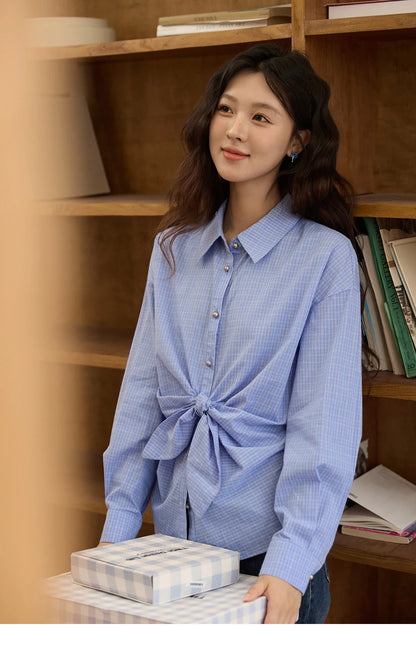 Blue Plaid 100 Cotton Shirt Autumn 2025 Bow Tie Waist Matte Silver Butto Shirts Lapel Dropped Sleeved Tops MXE44C2395