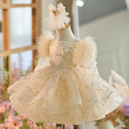 Luxury Girls' Party Dress, Long Sleeved Sequined Butterfly Mesh Dress, One Year Old Birthday Gift, Elegant Dress for Girls Aged