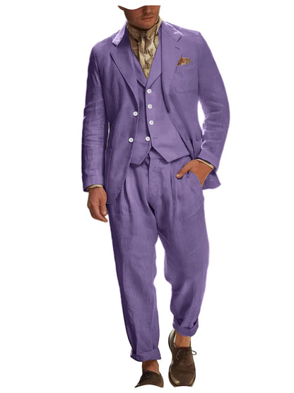 Italian Style Men's Linen 3 Piece Set Notch Lapel 2 buttons Blazer+Vest+Pants Breathable Lightweight Summer Casual Business Suit