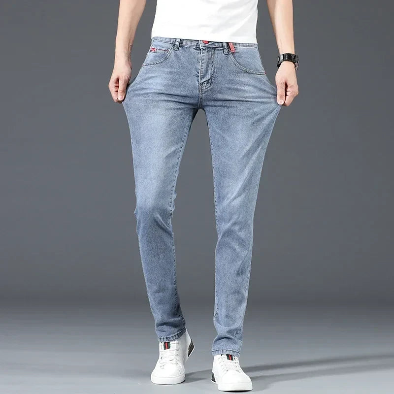 2025 New Men's Cotton Business Casual Skinny Jeans Trendy Fashionable Stretch Straight Slim Denim Trousers Male Blue Grey