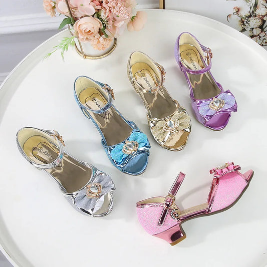 Girls Princess Sandals Summer Open-toe Elegant Children High Heels Fashion Sequins Crown Kids Causal Glitter Wedding Dress Shoes