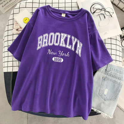 Brooklyn New York 1898 City Letter Print Female T-Shirt Street Breathable Tops Oversized Clothes Comfortable O-Neck Short Sleeve
