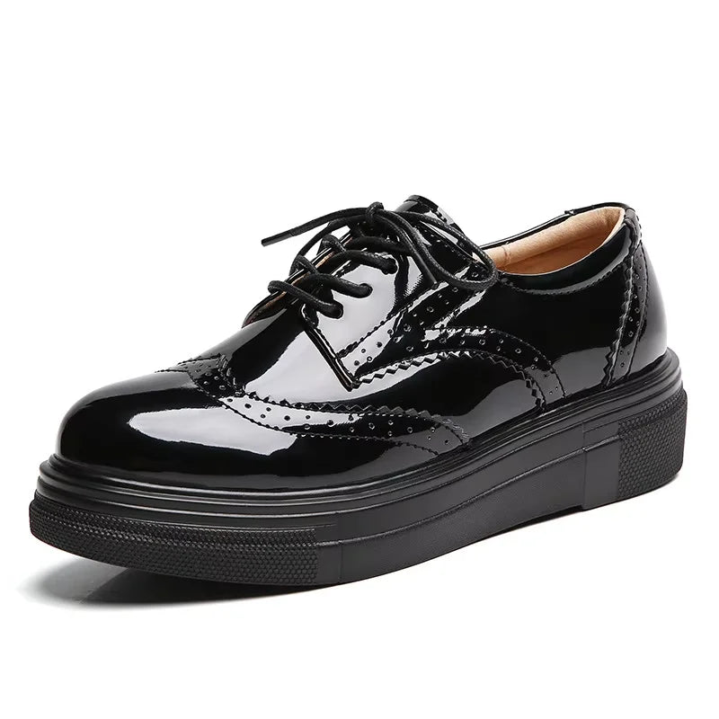 Women's Oxford Flats - Genuine Leather Wingtips Lace-Up Comfort Brogue Derby Patent Platform Casual Shoes for Spring Autumn
