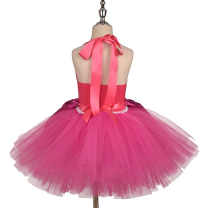 Princess Girls Rosy Knee Length Rose Red Tutu Dresses for Girl Letter B Birthday Party New Year Christmas Costumes Margot Robbie