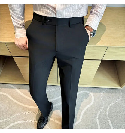 Autumn Winter Thicken Elastic Waist Casual Suit Pants High Quality Men Woven Dark Striped Slim Fit Office Social Dress Trousers