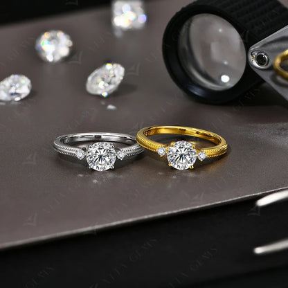 1CT 6.5mm Round Cut Moissanite Ring for Women 925 Silver 18K Gold Plated Bead Edge Design Engagement Party Jewelry Gift