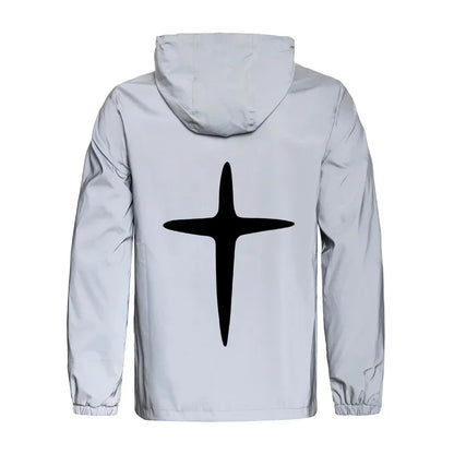 Men's Night Reflective Jacket Fashion Cross Printed Windproof Hooded Coats Streetwear Outdoor Cycling Jogger Safety Outerwear
