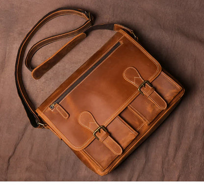 Vintage Crazy Horse Leather Messenger Bag Men's Genuine Luxury Sling Shoulder Bag Office Briefcase Crossbody 12.9 Inch Ipad