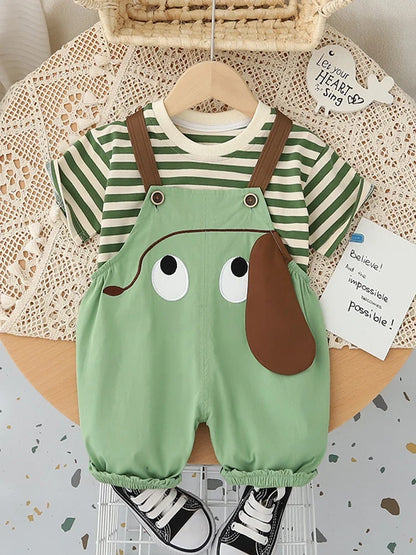 New Kids Baby Boys Girls Clothes For Summer Children Cartoon Striped T-Shirt Bib Pants 2Pcs/Set Toddler Fashion Tracksuits