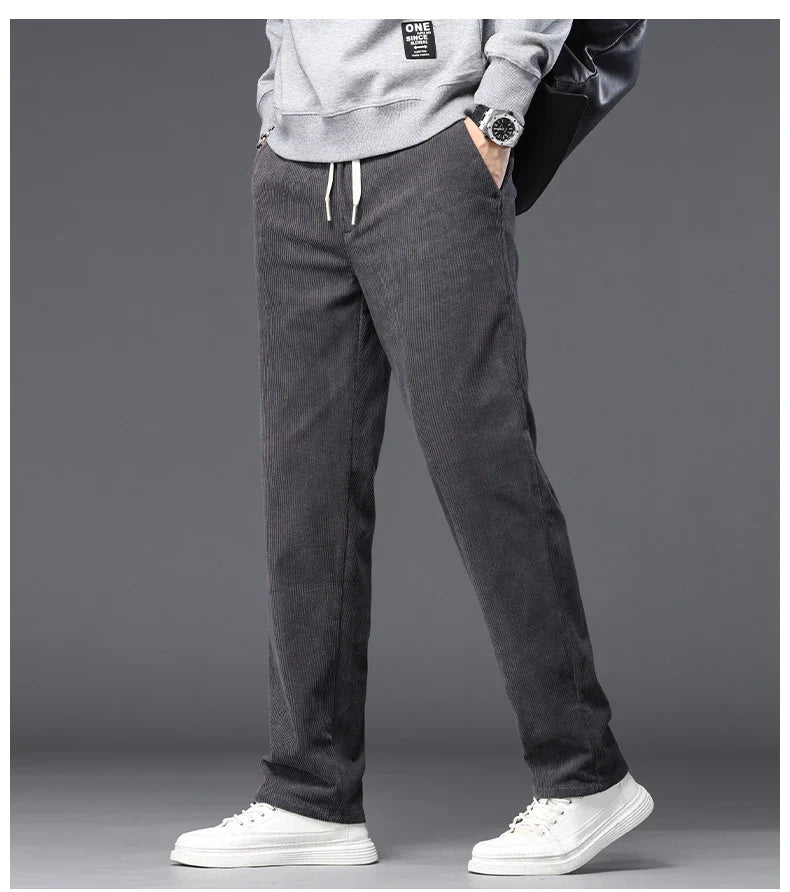 Straight Corduroy Classic Male Pants Khaki Black Gray Baggy Fashion Elastic Waist Trousers Soft Stretchy Casual Men's Clothing