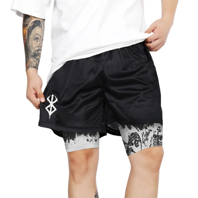 Print 2 in 1 Running Shorts for Men Gym Workout Fitness Athletic Shorts with Pockets Summer Activewear Quick Dry Stretch
