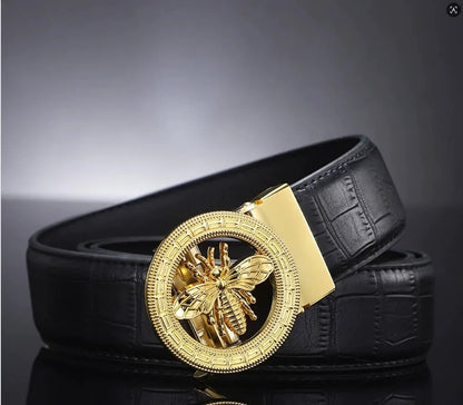 High-End Men's Casual Leather Belt; Small Bee Automatic Buckle Belt; Business Versatile Bamboo Texture Belt.