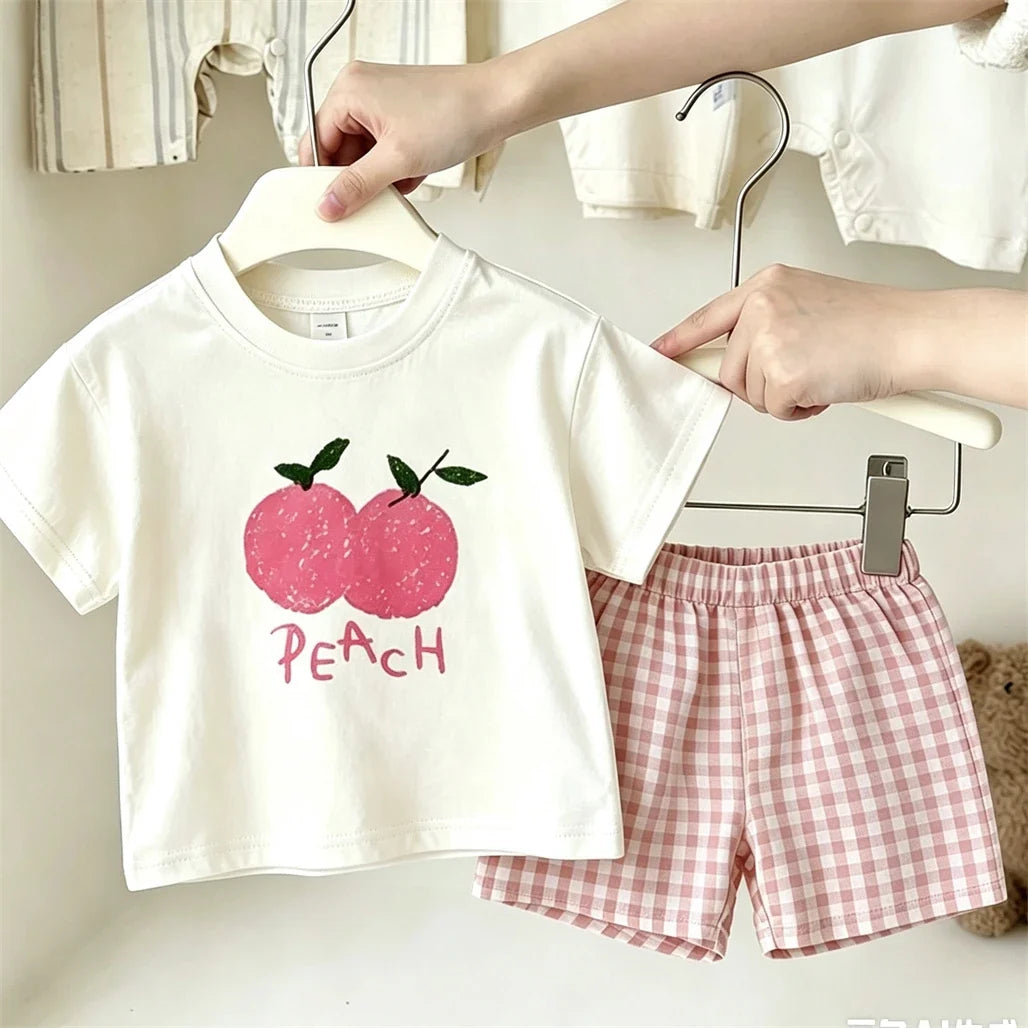 Lovely Suits White TShirt+Plaid Shorts Two Piece Set Casual Loose 2026 Summer Clothing Short-sleeved Tracksuits Child's Costume