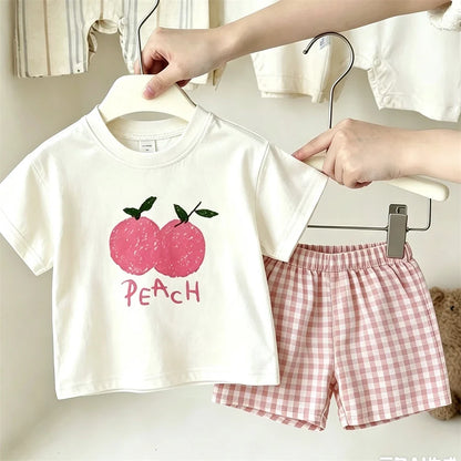 Lovely Suits White TShirt+Plaid Shorts Two Piece Set Casual Loose 2026 Summer Clothing Short-sleeved Tracksuits Child's Costume