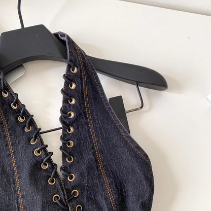 Night Club Denim Camis Female Summer Backless V Neck Lace Up Shirred Retro Halter Top Y2K Hot Girl Streetwear Tank Top