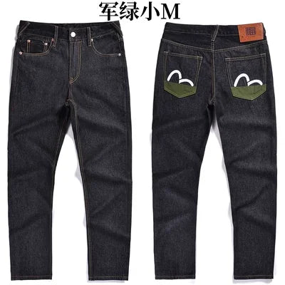 Japanese Handmade Embroidered Jeans Men's Pure Cotton Straight Tube Hip-Hop Popular Slim Red Ears Show Thin Trousers Devil