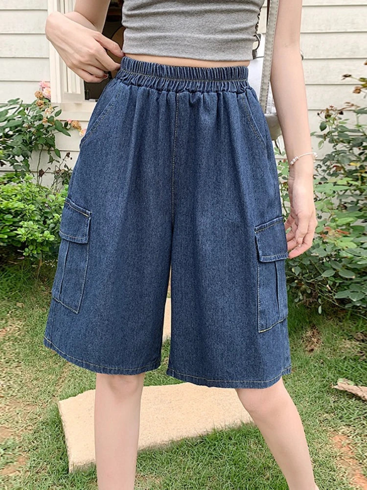 2026 Summer New Women's Denim Shorts Straight Trendy Loose Versatile Dad Shorts Thin Japanese Style Knee-length Pants