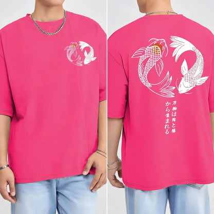 Japanese Koi Harajuku Illustration Pattern T-Shirt Men Summer Casual T Shirt Soft Fashion Short Sleeve Loose Cotton Sportswear