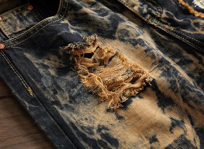 American Vintage Straight-leg Jeans for Men, Featuring Distressed Rip Details, Patchwork and Street-style Tapered Cut.