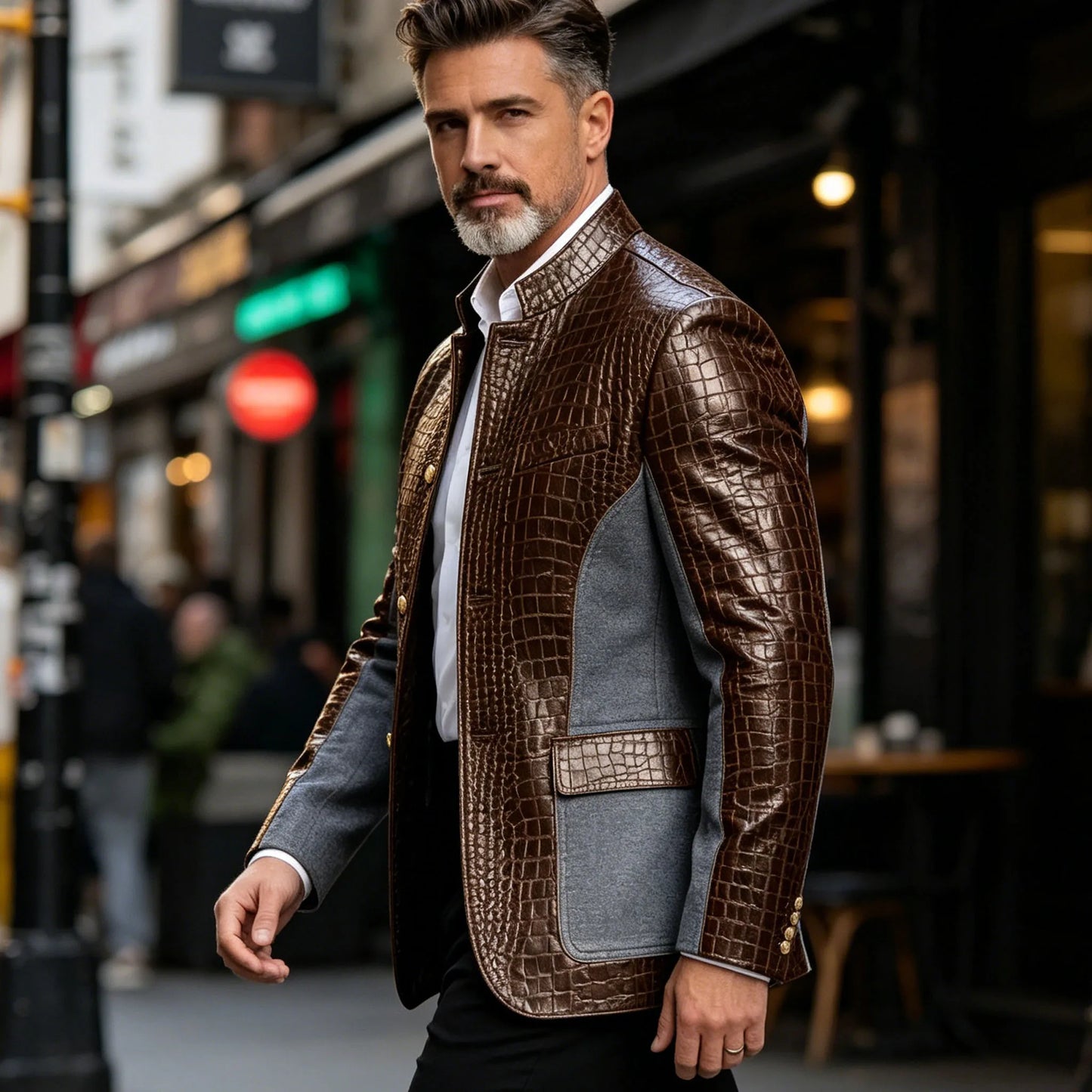 Men's Crocodile Embossed Leather Brown Jacket Patchwork Denim Stand Collar Slim Fit Luxury PU Blazer For Business Casual Party
