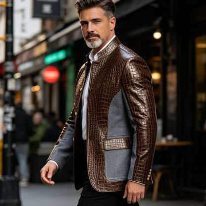 Men's Crocodile Embossed Leather Brown Jacket Patchwork Denim Stand Collar Slim Fit Luxury PU Blazer For Business Casual Party