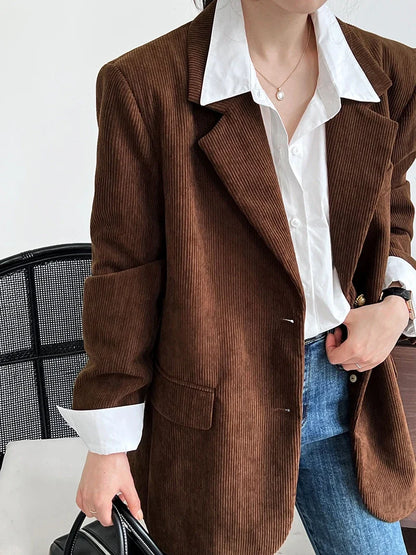 Brown Corduroy Suit Jackets Women's Spring New Fashion Loose Casual Blazers Notched Collar Single Breasted Pockets Female Tops