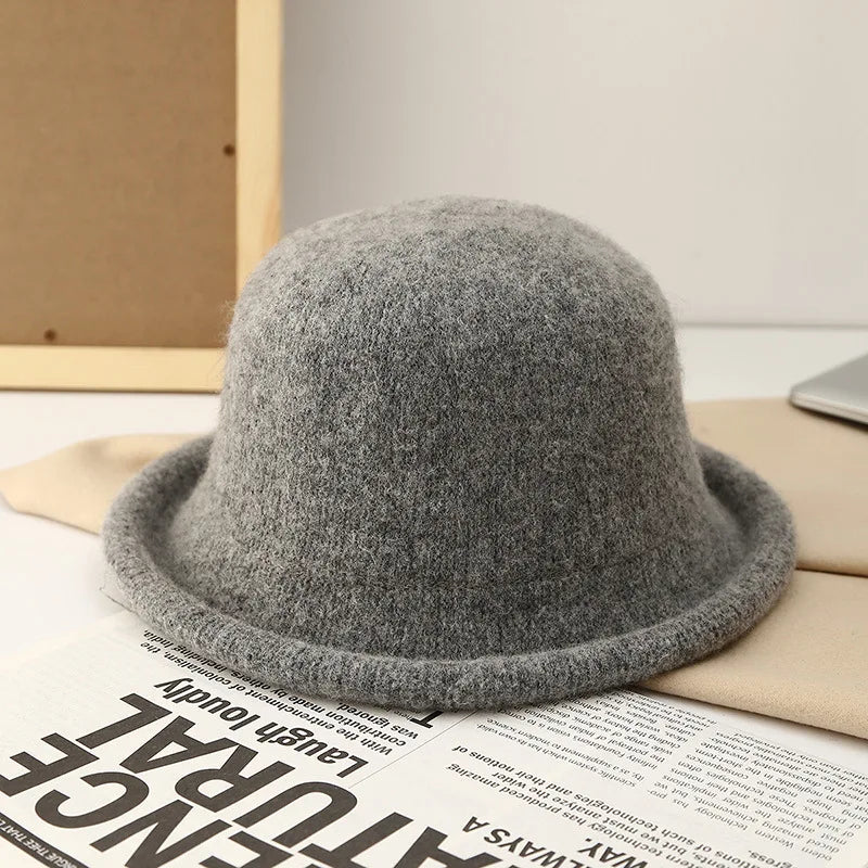 Women Hat Winter Wool Knitted Fedora Small Topper Hat Casual Ladies Solid Color British Top Hat Rolled Brim Official Website