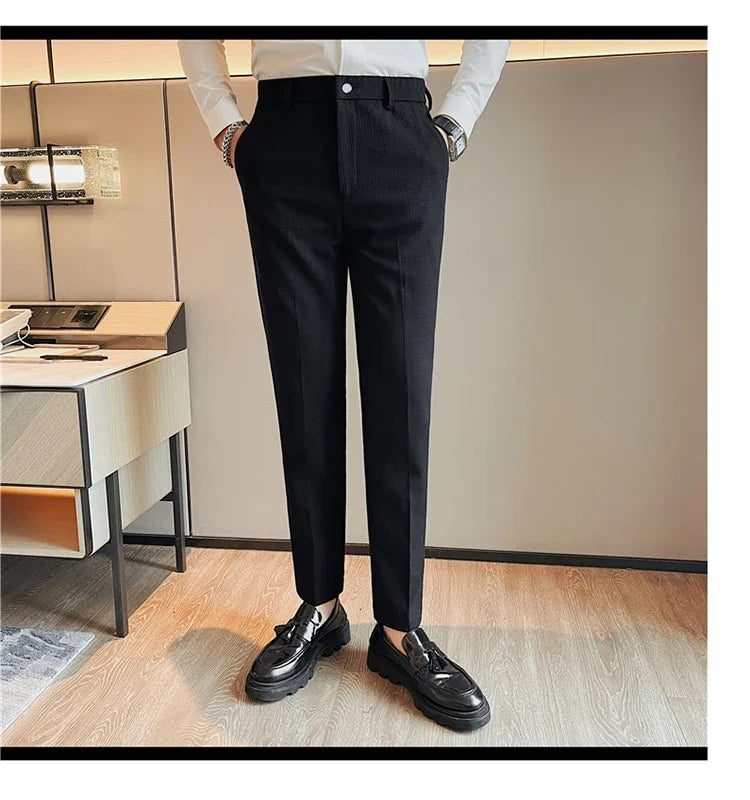 Men's Waffle Casual Pants Fashion Korean Stretch Waist Business Formal Pants Mens Social Party Suit Pants Streetwear Pencil Pant