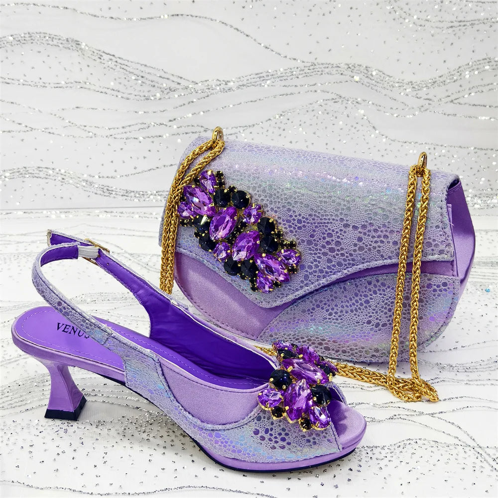 Open Toe Women Heels for 2025 Elegant Party Taro Purpler Diamond Pumps Italian Shoes and Bags Matching Set
