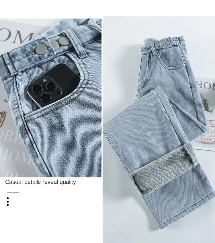 Winter Thick Warm Womens High Waist Jeans Fleece Lined Loose Fit Wide Leg Trousers Korean Style Stretchy Adjustable Waist  Jeans